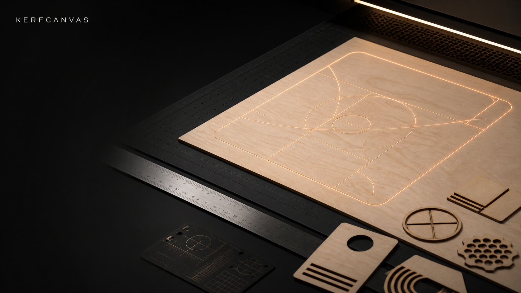 A precise amber laser guide path laid out over birch on a dark fabrication bed